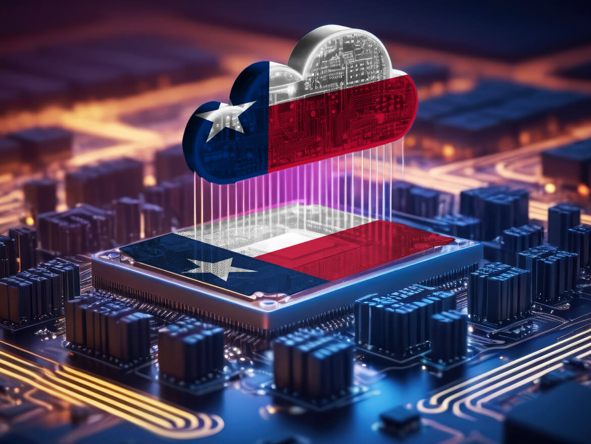 Technology soaring, a Texas flag-themed cloud hovers above a processor, symbolizing innovation in the digital age