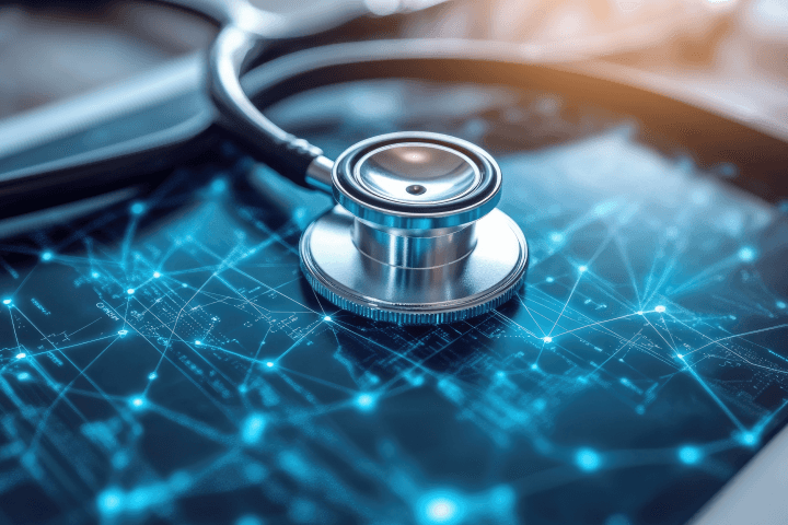 Stethoscope analyzing futuristic medical data on digital tablet: embracing technological advancements in healthcare