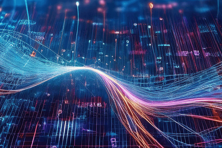 Blue, pink and purple fiber cables flowing across computer circuit boards.